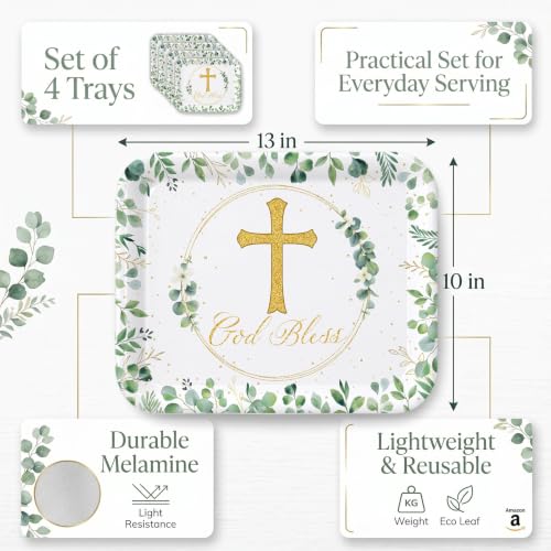Vesici 4 Pack Eucalyptus God Bless Melamine Serving Trays, 13 x 10 Inch Rectangular Religious Decorative Platters with Gold Cross, Durable Serving Plates for Baptism, First Communion & Church Events - style: Eucalyptus Leaf Religious