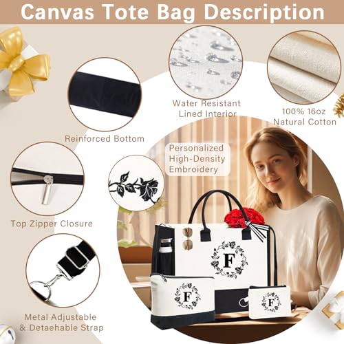 Monogram Personalized Initial Canvas Tote Bags for Women, Double-sided Embroidery Monogrammed Tote Bag Gifts - color: F