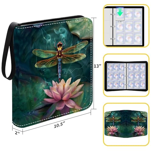 Card Binder 900 Pockets, 50 Sleeves Large Binder Trading Cards Holder 9 Pocket, Storage Organizer, Album Folder Case Protector Collector Gift Colourful Dragonfly Pink Lily Pads Resting - color: Colourful Dragonfly Pink Lily Pads Resting, size: 9 Pocket