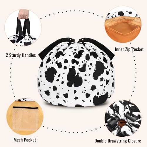 Funny Cow Print Drawstring Makeup Bag, Travel Toiletry Cosmetic Organizer - color: B-Cow-Blackwhite