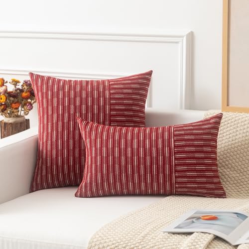 Kevin Textile Valentines Wine Red and Beige Farmhouse Striped Patchwork Linen Decorative Throw Pillows Covers 18x18, Set of 2, Modern Accent Square Cushion Covers for Couch Chair Bedroom - color: Wine Red, size: 18" x 18" (Pack of 2)