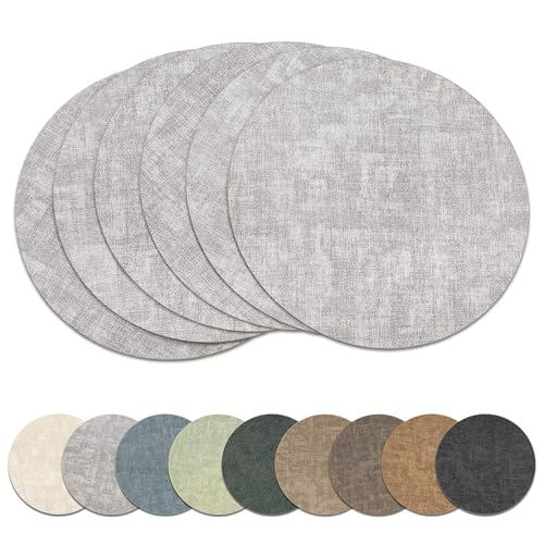 13" Round Placemats Set of 6, Reversible Faux Leather Wipeable Table Mats - color: Light Grey