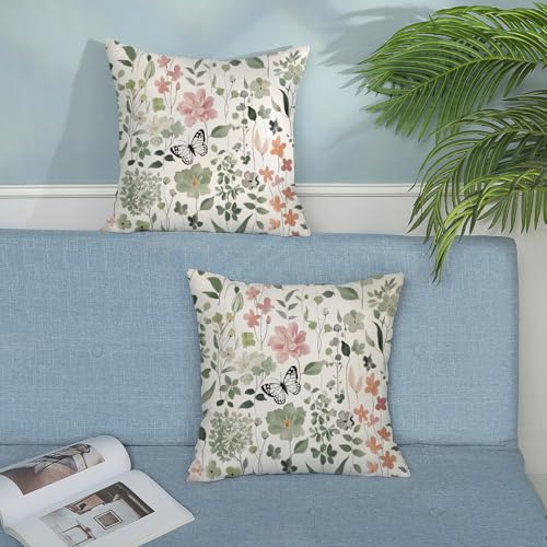 Spring Pillow Covers 18x18 Pack of 2 Watercolor Green Pink Floral Botanical Throw Pillow Covers Outdoor Summer Flower Plants Pillowcase Farmhouse Decorative Linen Cushion Case for Sofa Couch - color: A-floral-1, size: 18" x 18" (Pack of 2)