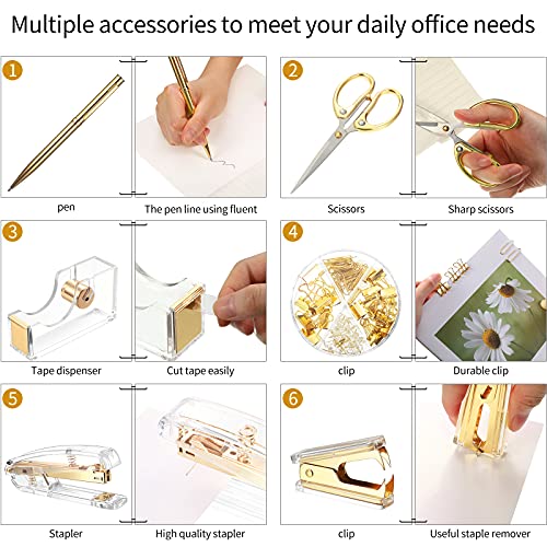 Gold Office Supplies Set Desk Accessory Kit, Acrylic Stapler Set - color: Gold