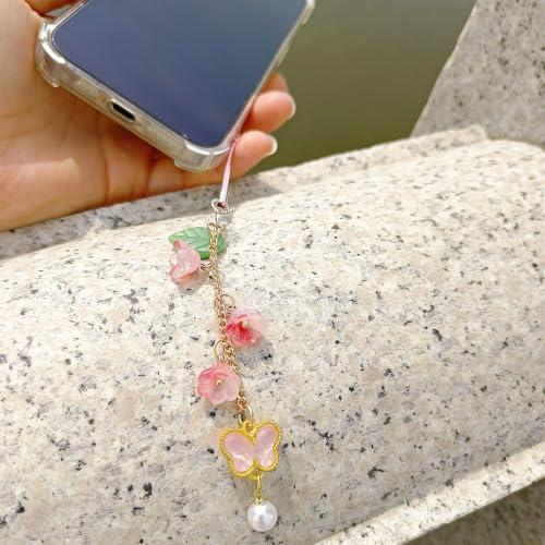 Phone Charms with Lily of the Valley & Butterfly Aesthetic Y2K Cell Phone Charms Strap Accessories for Bag Keychain Airpods Camera Pendants Decor for Women - color: Pink-Lily of the Valley