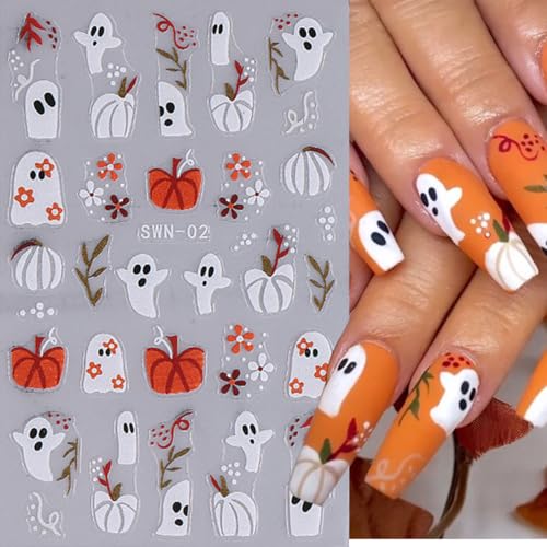 Halloween Nail Art Stickers Decals 5D Embossed Halloween Nail Decals 4PCS Ghost Bandage Eye Ball Spider Web Pumpkin Nails Design Adhesive Stickers Manicure Supply for Women DIY Nail Art Decorations - style: style6
