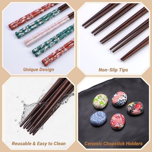 Antner 5 Pairs Reusable Wooden Chopsticks and Ceramic Rests Set, 8.8 Inch/22.5cm Classic Japanese Style Chopsticks with Holders for Ramen Sushi Asian Cuisine Lovers, Black Elegant Gift Box - color: Elegant Plum Blossom Chopsticks Set