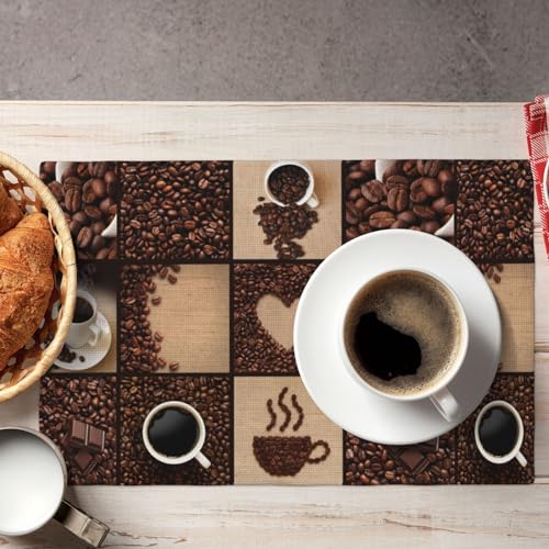 Coffee Print Placemats - Rectangle Modern Art Cup and Bean Abstract Heart Design - Linen Place Mats Set of 4 for Dining Room, Kitchen, Living Room, Party - color: Coffee-1, size: 12x18"Placemats x4