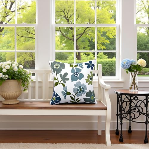 Embroidered Throw Pillow Covers 18x18 inch Pack of 2 Blue Blossoms - color: Blue Blossoms