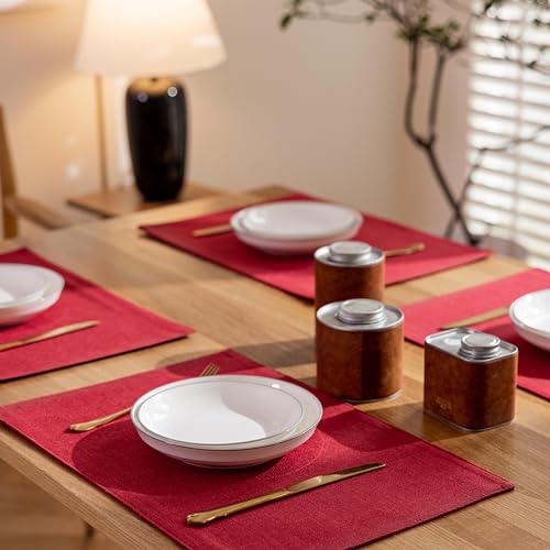 Demetex Placemats Set of 4 Heat Resistant Red Linen Place Mats Wipeable Cloth Placemats for Party Wedding Holiday Dinner, 13 x 19 inches, Wine Red - color: Red, size: Placemats set of 4