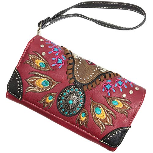 Zelris Turquoise Concho Peacock Feather Women Crossbody Wrist Trifold Wallet - color: Red