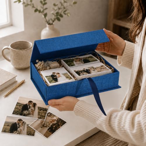 Vienrose Linen Photo Storage Box, 8"x10", Postcard Keeper, Dark Blue - color: Navy Blue, size: 8"x10"