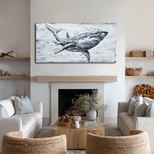 Modern Art Wall Decor Shark Wall Art Nature Seascape Poster Prints Framed Coatal Artwork for Living Room Bedroom Office Decoration 24"x 48" - color: Shark, size: 48"L x 24"W