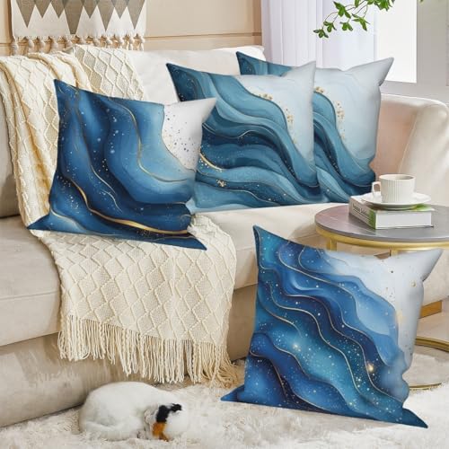 Abstract Marble Throw Pillow Cover Fluid Blue Ocean Wave Gold Sequin Stripe Glitter Luxury Art Modern Aesthetic Linen Square Cushion Covers for Outdoor Couch Bedroom 16x16 Inch Set of 4 - color: Blue Ocean, size: 16" x 16" (Pack of 4)