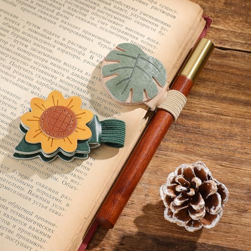 2PCS Vintage Magnetic Leather Bookmark, Leather Magnetic Bookmarks for Women,Unique Book Marks Gifts for Book Lovers， Magnetic PU Bookmarks Clip Book Accessories for Adults & Kids，Sunflower & Leaf - style: Sunflower&Leaf (with Pen Holder)