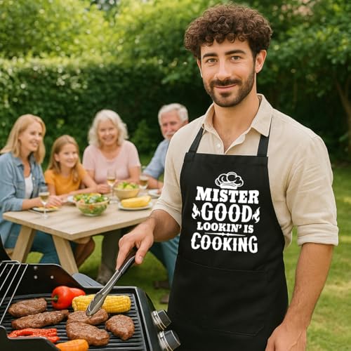 Funny Black Grill Apron with Pockets for Man,Dad,Husband,Father in Law,Chef Daddy Grilling Apron BBQ Cooking Gifts - color: Mr Goodlookin' is Cookin