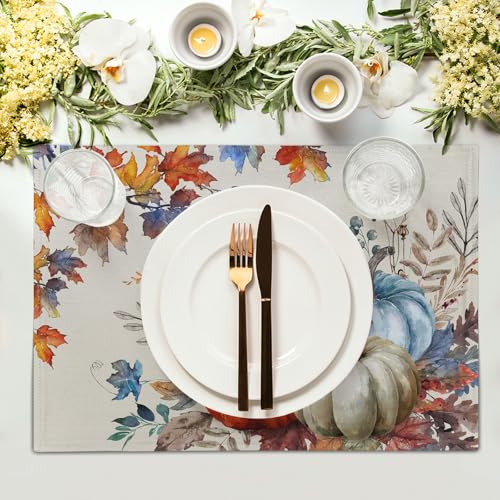 Fall Placemats Set of 4, 12 x 18 Inch Blue and Orange Pumpkin Fall Maple Leaves Washable Heat Resistant Rectangle Place Mat Thanksgiving Decor Table Mats for Seasonal Kitchen Dining - color: Blue Orange Pumpkin