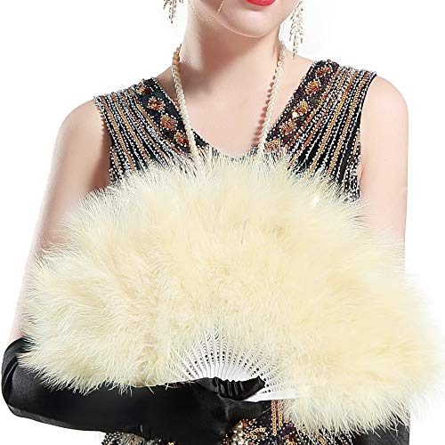 BABEYOND 1920s Marabou Feather Folding Hand Fan - color: Champagne