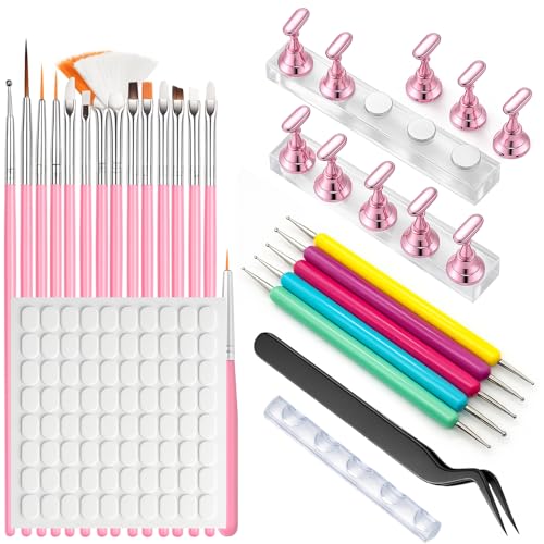 Nail Art Tools Set – 15pcs Nail Art Brushes, 5pcs Dual-Ended Dotting Pens, Nail Stand & Holder Kit, Brush Rack, Tweezers & Tape for DIY Nail Design