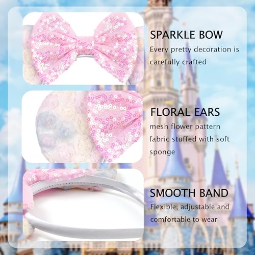zhezesmila Pastel Floral Mouse Ears Headband – 3D Rosette & Pink Sequin Bow Costume Accessory for Women & Girls – Spring Princess Theme Park Outfit for Travel Birthday Party