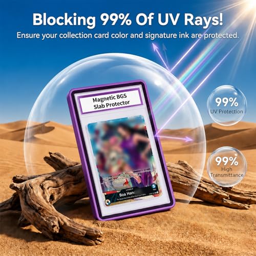 Magnetic BGS Slab Protector with Foldable Kickstand - UV Protection Tempered Glass & Aluminum Metal Bumper for 35PT Beckett Graded Cards, 9-Point Secure Lock Display Guard & Clear View (Purple) - color: Purple, size: BGS Card Case