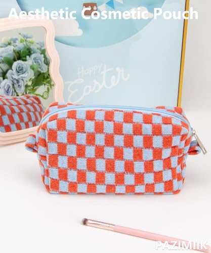 Checkered Makeup Bag for Purse, Small Travel Cosmetic Pouch,Orange Blue - color: Orange Blue