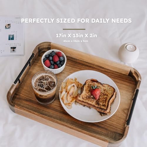 Upper Acacia Wood Ottoman Tray 17x13 Inches with Handles, Decorative Serving Tray for Coffee Table, Breakfast Tray with Anti-Skid Pads (Black Handle 01) - color: Black Handle 01