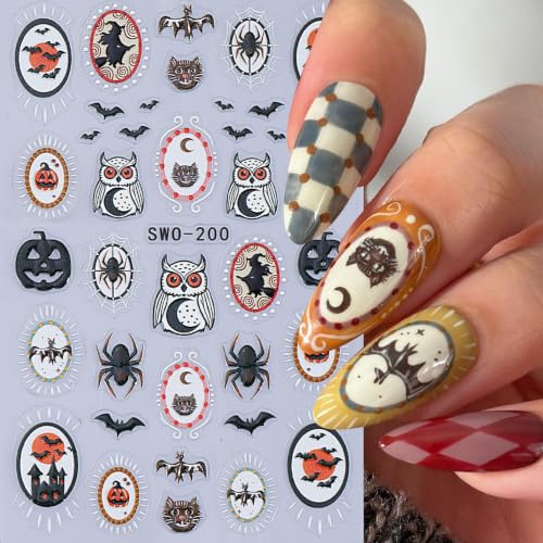 Gothic Halloween Nail Art Stickers 10PCS Spooky 3/5D Self-Adhesive Nail Decals Skull Ghost Pumpkin Owl Bat Spider Web Horror Nail Supplies Manicure Decorations DIY Halloween Designs for Women - style: Halloween Ghost Pumpkin
