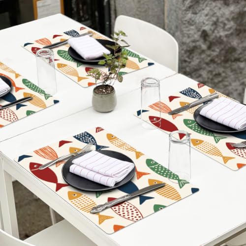 Peacoblue Placemats Set of 4,Faux Leather Colorful Cartoon Fish Design - style: Colorful Cartoon Fish