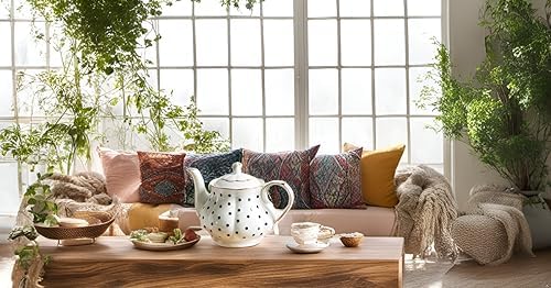 European Style Teapot Handmade Ceramic Teapot Pumpkin Fluted Shape Vintage Tea Party Set Gift (Polka dot)