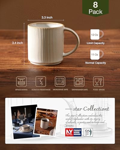 famiware Coffee Mug Set of 8, Star 12 oz Ceramic Mugs Cups Set with Handle - color: Star-Cappuccino White, size: 8 Count (Pack of 1)