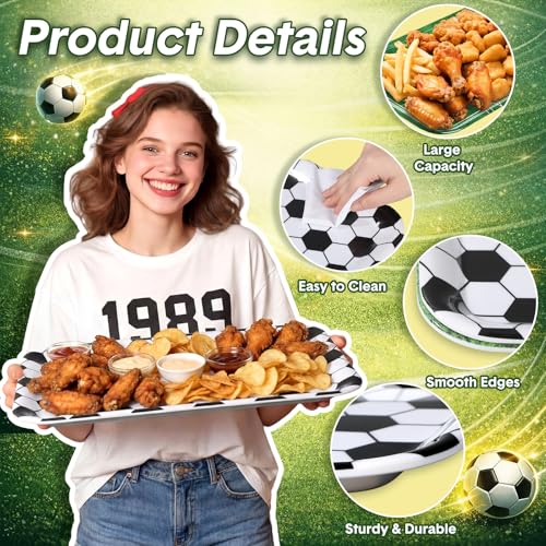 Vesici 4 Pack Soccer Melamine Serving Trays, 13 x 10 in Rectangular Serving Platters with Goal Field & Ball Pattern, Reusable Snack Appetizer Dessert Trays for Game Day Parties, Easy Clean - style: Soccer