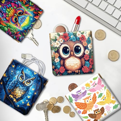 Peacoblue Colorful Owls Coin Purse,PU Leather Squeeze Pouch 4PCS - style: Colorful Owls