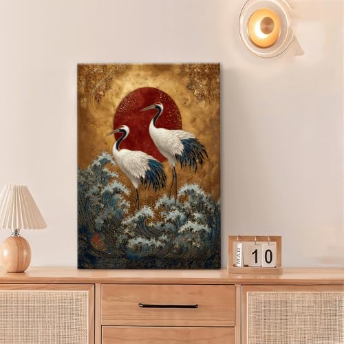 Japanese Crane Wall Art Gold Oriental Asian Wall Decor Sandhill Crane Canvas Pictures Paintings Prints Japan Traditional Aesthetic Artwork Framed Chinese Decorations For Bedroom Living Room Office Gifts 16" x 24" - color: Gold Crane, size: 24"L x 16"W