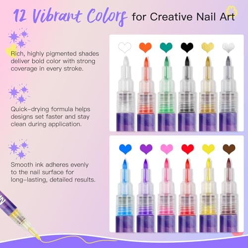 Biutee 12 Colors Nail Art Pens Set, 3D Nail Polish Pens 0.7mm Quick-Drying - color: MulticolorC
