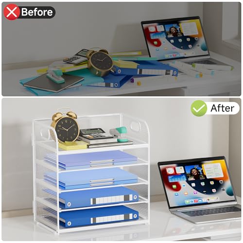 5-Tier Stackable Paper Organizer with Handle, White - color: White, size: 12.6" x 9.1" x 13.4"