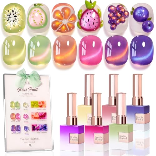 Double Rhythm Fruit Cat Eye Gel Nail Polish Set of 6 Same Color Same Bottle 0.5 Oz Shimmer Glitter with Magnet Holographic Reflective Magnetic UV Polish Kit at Home (Glass Rose Pink Green-T6-48) - color: Glass Fruit Purple Rose