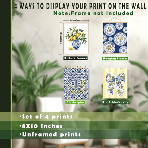 LUKIPOM Chinoiserie Lemon Summer Bow Wall Art Posters Set of 4,Amalfi Coast Grandmillennial Home Decor,Blue and White Porcelain Lemon Tree Prints Artwork for Kitchen Wall Decor, 8x10 Unframed - color: Color 008