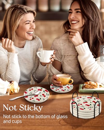 Absorbent Cup Coasters Set of 6 with Holder, Cherry - color: Cherry