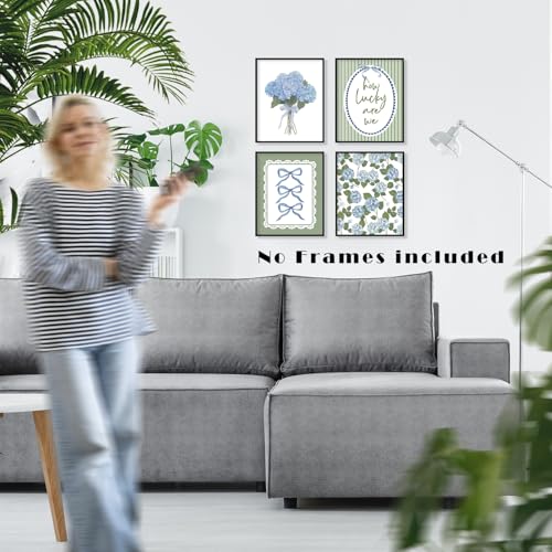 LUKIPOM Green Hydrangea Wall Art Poster,Grandmillennial Blue and Green Cottagecore Floral Canvas Wall Decor Gifts for Women Girls Room Bedroom Dorm Apartment，12x16in Set of 4 Unframed - color: Color 024