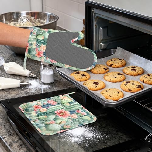 Cactus Flower Succulent Plant Heat-Resistant Silicone Oven Mitts and Pot Holder 4 Piece Set,Non-Slip Kitchen Oven Gloves for Baking, BBQ, Cooking,Grilling - color: Cactus Flower Succulent Plant