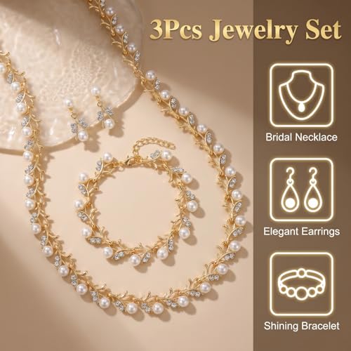 Pearl Bride Wedding Jewelry Set Faux Pearls Crystal Rhinestone Necklace Earrings Bracelet Sets for Women Bridesmaid(3 PCS) - color: Gold - Pearl