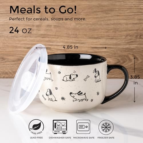 AmorArc 24 Ounces Ceramic Soup Mugs with Lids and Handle, Stoneware Bowls Cup Set of 2 for Soup, Stew, Noodle, Beautiful Mug Bowls With Lovely Dog,Cat Patterns, Microwave&Dishwasher Safe, Black - color: Black, size: 24oz