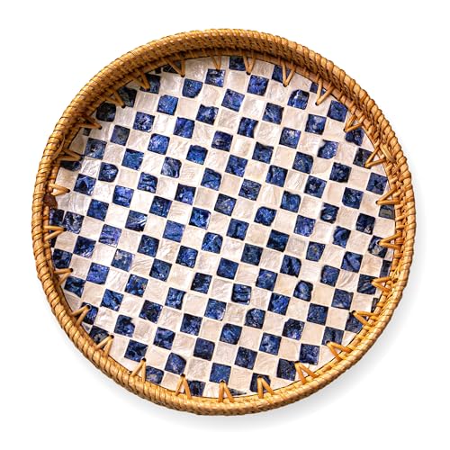 JUNGLE CULTURE Round Rattan Tray with Mother of Pearl Inlay • Drift 12” - color: Drift, size: 11.8"