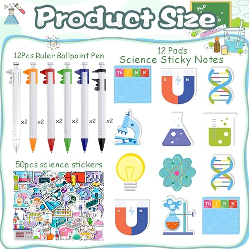 Science Party Stationery Gift Set with 12 Sticky Notes, 12 Ballpoint Pens and 50 Stickers for Science Themed Birthday Party Decorations Supplies Goodie Bag Fillers School Rewards