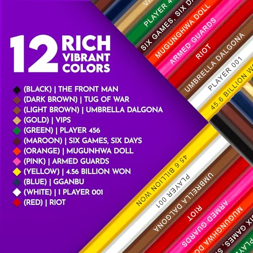 Squid Colors Wooden Colored Pencil Set for Kids – 12 Squid Game-Inspired Parody of Korean Series with Foil-Stamped Names, Adults Coloring Books and Recreation - Ideal for Squid Game-Fan Gift - style: Squid Games