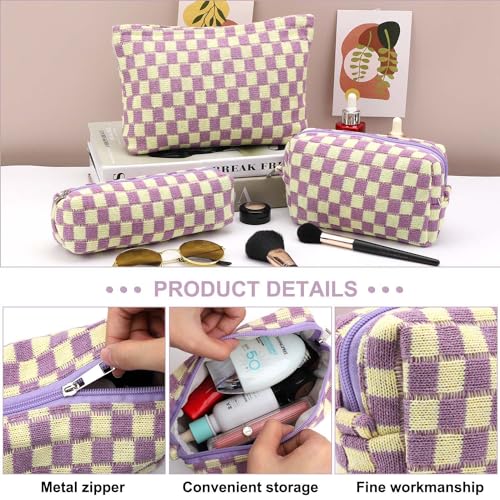 EIMMBD Makeup Bags 3 Pieces Large Capacity Checkered Cosmetic Bag Travel Toiletry Organizer Cute Makeup Pouch Storage for Women(Purple) - color: Purple