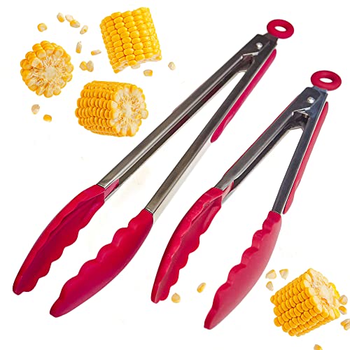 StarPack Premium Silicone Kitchen Tongs Set of 2 (9-Inch & 12-Inch) - Stainless Steel with Non-Stick Silicone Tips, High Heat Resistant to 480°F, For Cooking, Serving, Grill, BBQ & Salad (Cherry Red) - color: Cherry Red, size: Set of 2 (9" & 12")