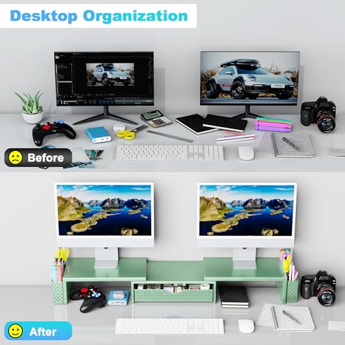 Spacrea Dual Monitor Stand Riser with Drawer and 2 Pen Holders - color: Sage Green