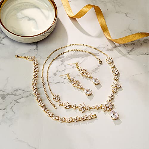 BriLove Wedding Jewelry Set for Women, Y-Necklace Tennis Bracelet Dangle Earrings with AAA Cubic Zirconia Teardrop for Bridal Bridesmaid - color: 02-ClearGold-Toned